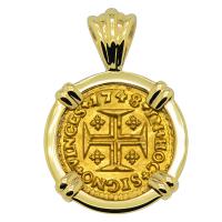 Portuguese King John V 400 Reis dated 1748, in 14k gold pendant.