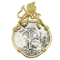 Colonial Spanish Peru, King Charles II two reales dated 1686 in 14k gold octopus pendant.