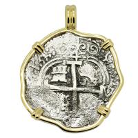 Colonial Spanish Peru, King Charles II four reales dated 1696, in 14k gold pendant.