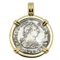 Spanish 1 real dated 1783 in 14k gold pendant, The 1784 Shipwreck that Changed America.