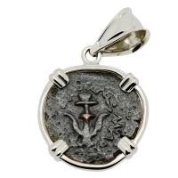 Holy Land 103-76 BC, Biblical Widows Mite in 14k white gold pendant. 