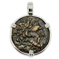Greek 133-27 BC, God of Medicine Asclepius bronze coin in 14k white gold pendant.