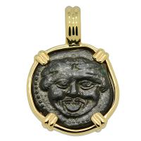 Greek Sicily 420-410 BC, Gorgon and Owl tetras in 14k gold pendant.