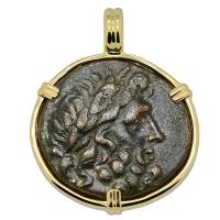 Greek 133-48 BC, Zeus and Artemis bronze coin in 14k gold pendant.