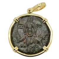 Byzantine 976-1025, bronze follis in 14k gold pendant.