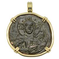 Byzantine 1028-1034, bronze follis in 14k gold pendant.