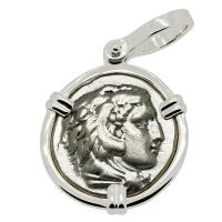 Greek 328-323 BC Lifetime Issue, Alexander the Great drachm in 14k white gold pendant.