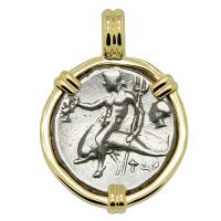 Greek - Italy 272-240 BC, Taras riding Dolphin and Horseman nomos in 14k gold pendant.