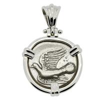 Greek 330-280 BC, Dove and Chimaera triobol in 14k white gold pendant.

