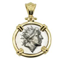 Greek 88-84 BC, Sun God Helios and rose drachm in 14k gold pendant.