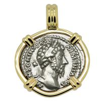 Roman Empire AD 165, Marcus Aurelius and Annona denarius in 14k gold pendant.