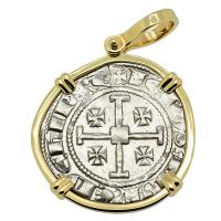 Cyprus 1324-1359, gros grand Crusader coin in 14k gold pendant.