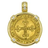 French 1483-1498, Charles VIII ecu d'or au soleil in 18k gold pendant with diamonds.