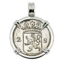 Dutch 2 stuivers dated 1724 in 14k white gold pendant, 1725 East Indiaman Shipwreck Norway. 