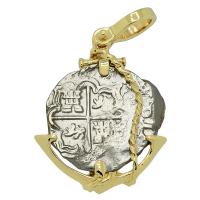 Colonial Spanish Peru, King Philip IV two reales 1636-1647, in 14k gold anchor pendant.