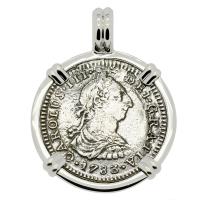 Spanish 1 real dated 1783 in 14k white gold pendant, The 1784 Shipwreck that Changed America.