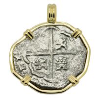 Spanish 2 reales 1621-1665 in 14k gold pendant, 1682 British East Indiaman Shipwreck South Africa.