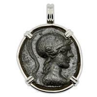Greek Phrygia 133-48 BC, Athena and Eagle bronze coin in 14k white gold pendant.