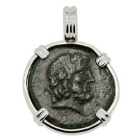 Greek 160-110 BC, God of Medicine Asclepius bronze coin in 14k white gold pendant.