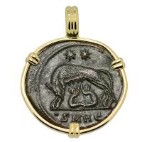Roman Empire AD 330-336, She-Wolf Suckling Twins nummus in 14k gold pendant. 
