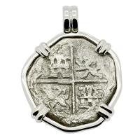 Spanish 4 reales 1598-1621 in 14k white gold pendant, 1622 Portuguese Shipwreck, Mozambique, Africa.