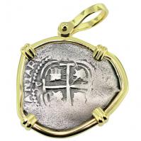 Spanish 1 real dated 1663, in 14k gold pendant, 1681 Shipwreck Santa Clara Island, Ecuador. 