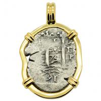 Spanish 1 real dated 1674, in 14k gold pendant, 1681 Shipwreck Santa Clara Island, Ecuador. 