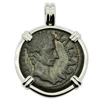 Roman Empire 27 BC - AD 14, Emperor Caesar Augustus semis coin in 14k white gold pendant.