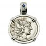 Roma coin in white gold pendant with diamonds and sapphire