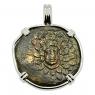 Medusa bronze coin in 14k white gold pendant