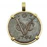1746 Dutch VOC duit coin in gold pendant