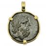 85-65 BC Zeus bronze coin in gold pendant