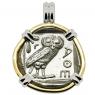 Owl tetradrachm coin in white and yellow gold pendant