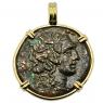 God of Wine Dionysus bronze coin in gold pendant
