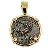 250-207 BC Owl bronze coin in gold pendant