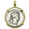 42 BC Apollo denarius coin in gold pendant.