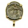 Greek Syracuse 212-180 BC, Ares and Nike bronze coin in 14k gold pendant.