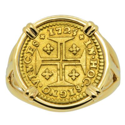 1723 Portuguese 400 Reis coin in gold ladies ring