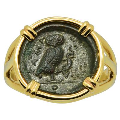 420-410 BC, Owl bronze coin in gold ladies ring