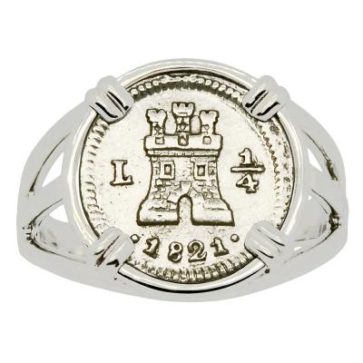 1821 Spanish 1/4 real in white gold ladies ring