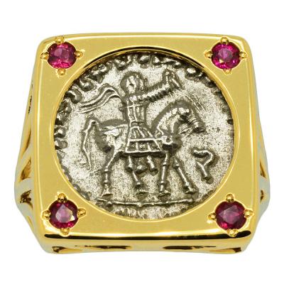 King Azes II on horseback coin in gold ladies ring with rubies