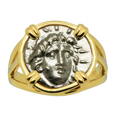 170-150 BC Helios coin in gold ladies ring