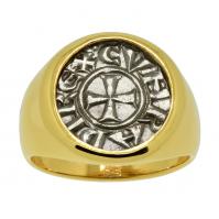 Italian 1139-1252, Crusader Cross denaro in 14k gold men's ring.