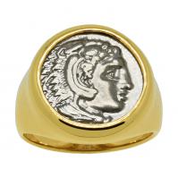 Greek 325-323 BC, Lifetime Issue Alexander the Great drachm in 14k gold men's ring.
