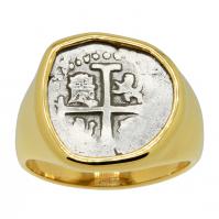 Colonial Spanish Peru, King Philip V half real dated 1703 in 14k gold men's ring.