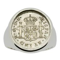 Spanish 1/2 real dated 1783 in 14k white gold men's ring, the 1784 shipwreck that changed America.