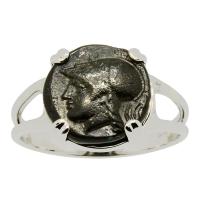 Greek 350-300 BC, goddess Athena bronze coin in 14k white gold ladies ring.