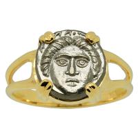Greek 375-325 BC, Gorgon diobol in 14k gold ladies ring.