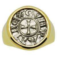 Italian 1139-1252, Crusader Cross denaro in 14k gold men's ring.