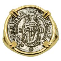 Hungarian Madonna and Child denar, dated 1541, in 14k gold ladies ring.